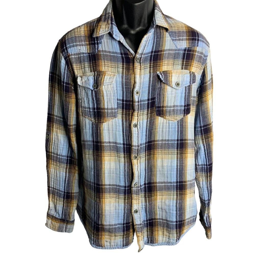 Vintage 90s Union Bay Button Up Shirt L Blue Plaid Flannel Roll Tab Sleeves
